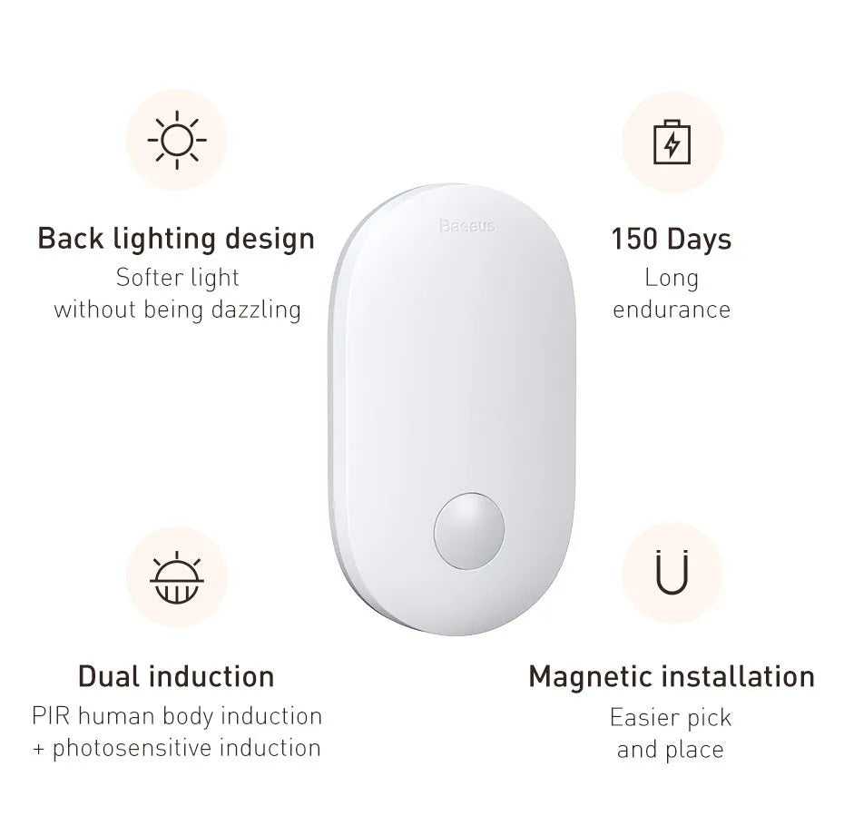 White magnetic human induction night light showing back lighting ring and compact 108x60x22mm size.