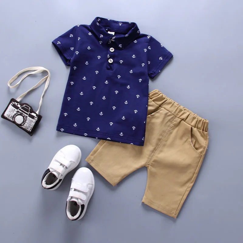 Anchor printed toddler pants suit in cotton, includes short sleeve top and trousers.