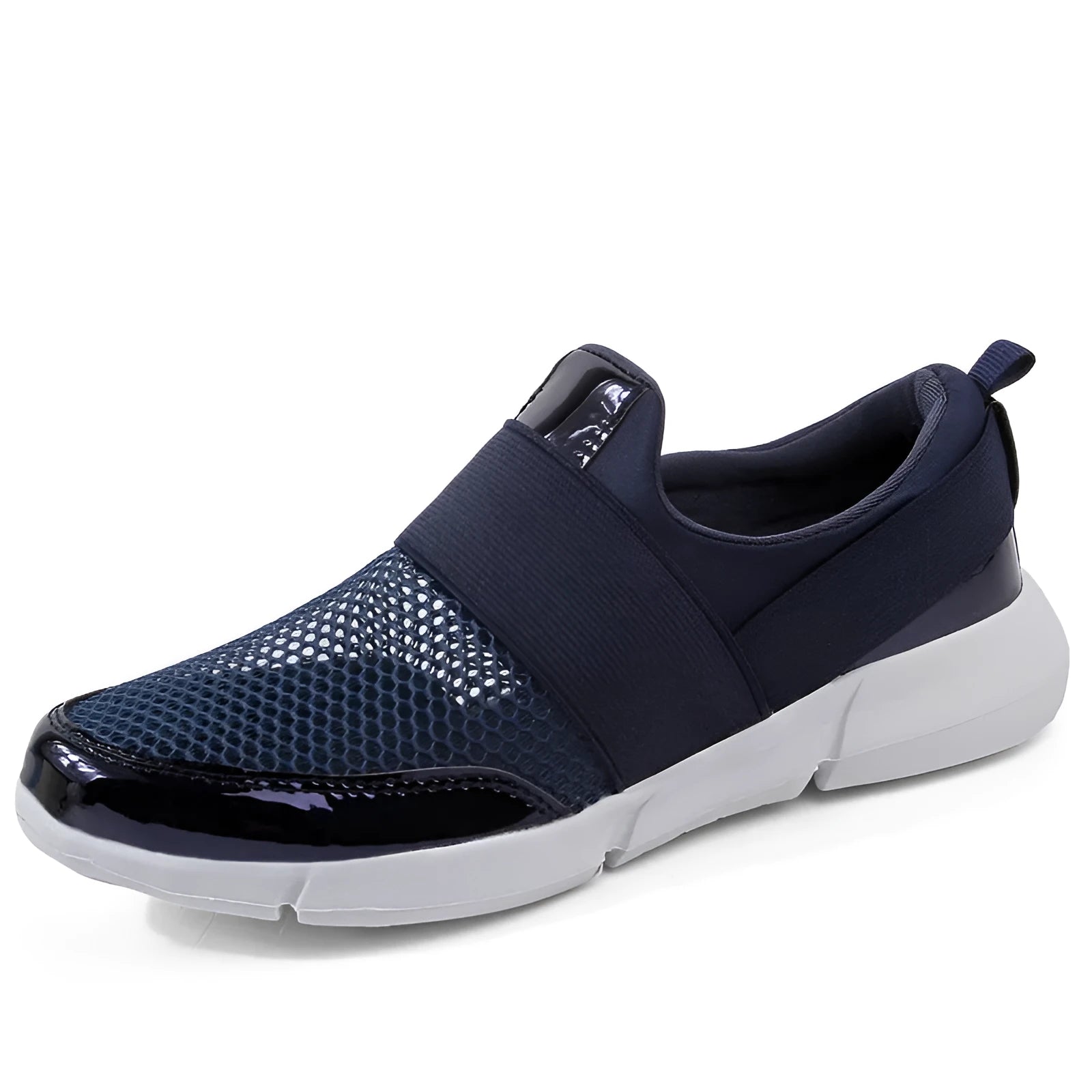 Women's low-cut casual sneakers in blue, with mesh interior and lightweight sole, on a hard floor surface.
