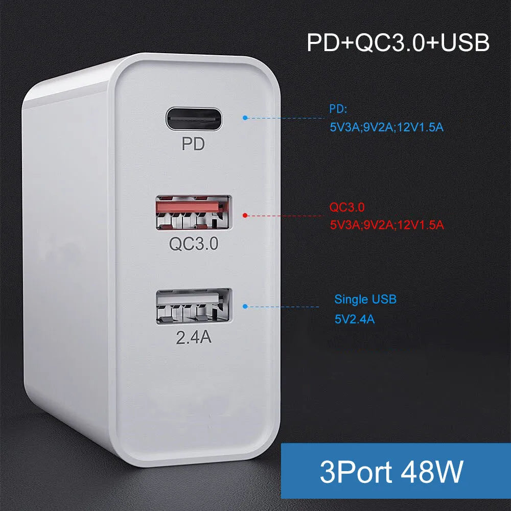White fast charge wall charger with multiple USB ports on a table.
