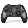 Black wireless game controller with textured leather-grip pattern on handles, shown front and back.