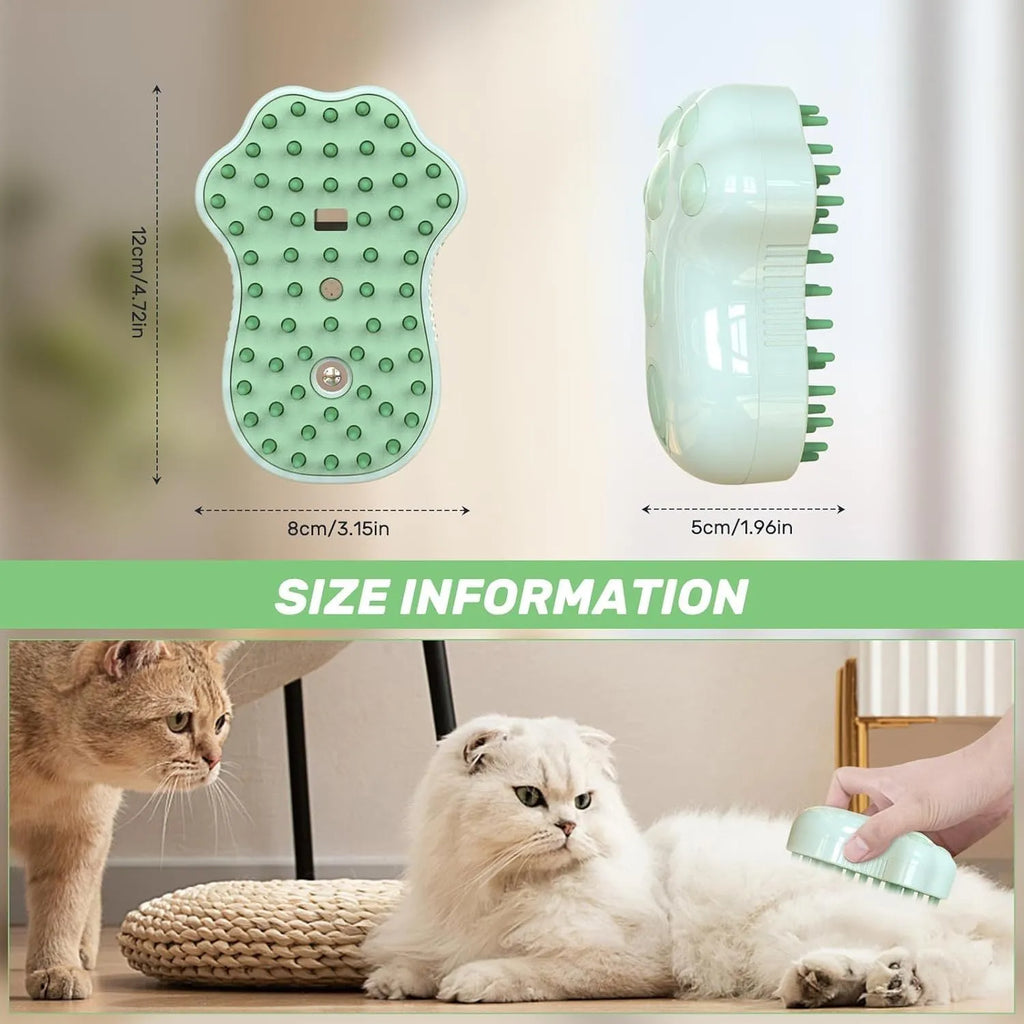 Self-cleaning cat steam grooming brush with silicone bristles and blue light on a pink background