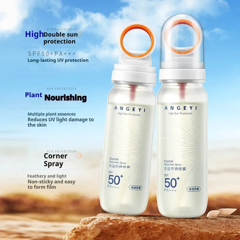 SPF50 sunscreen spray for military training with 90ml container showing spray application