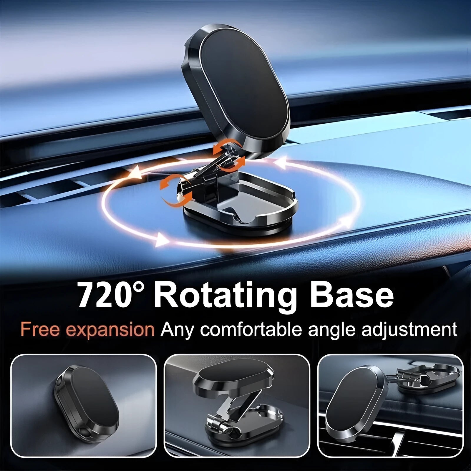 Chrome magnetic car phone holder with foldable bracket on a dashboard