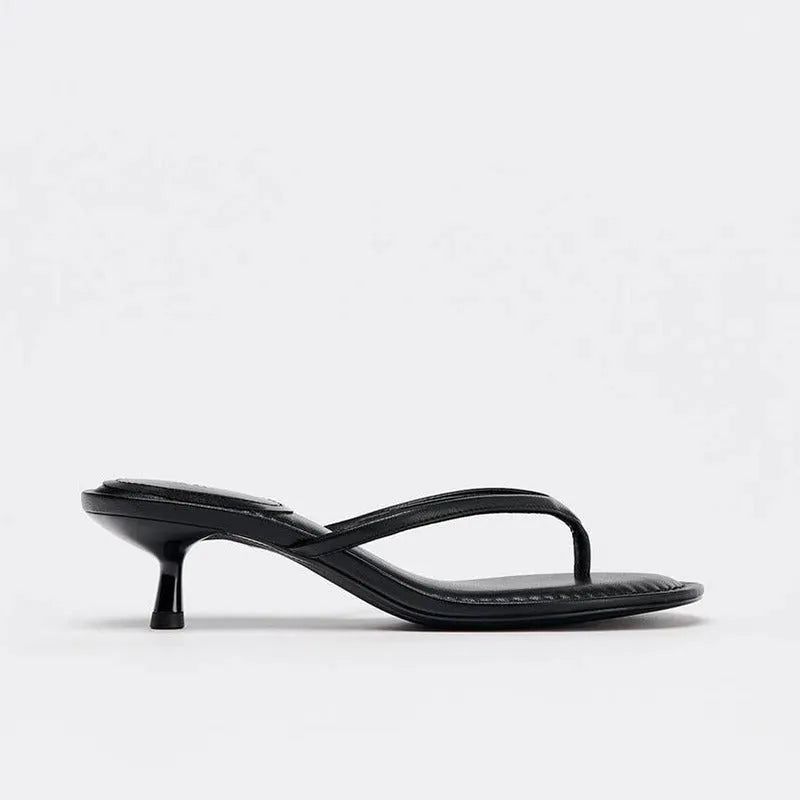 Women's khaki round-toe mid-heel flip-flop sandals with a microfiber upper and rubber sole on a white background.