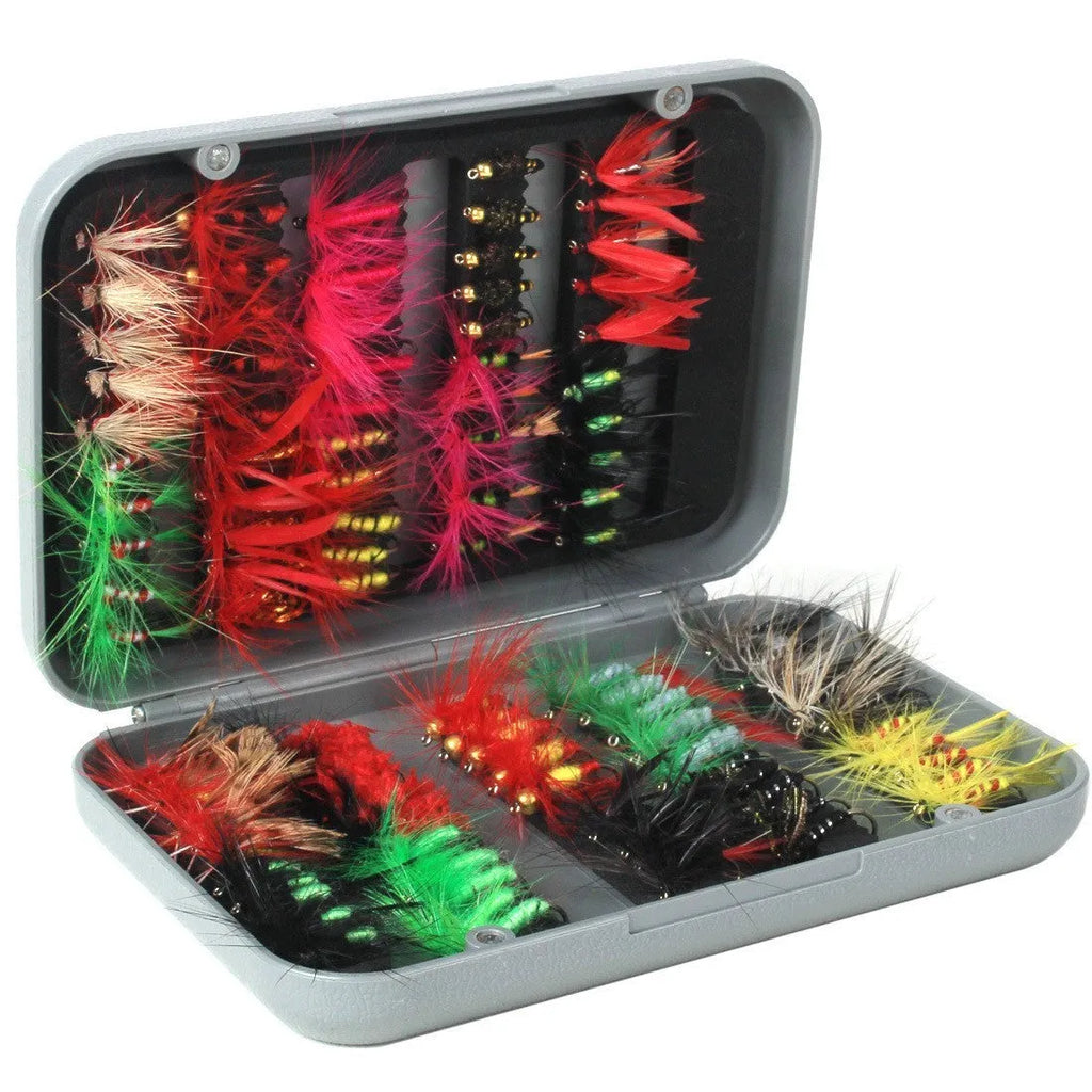 Fishing Gear 100 Fly Bait Set in 81089 colour box with real feathers and sharp hooks