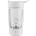 Portable rechargeable blender cup in blue, showing the 650ml capacity bottle and motorised lid.
