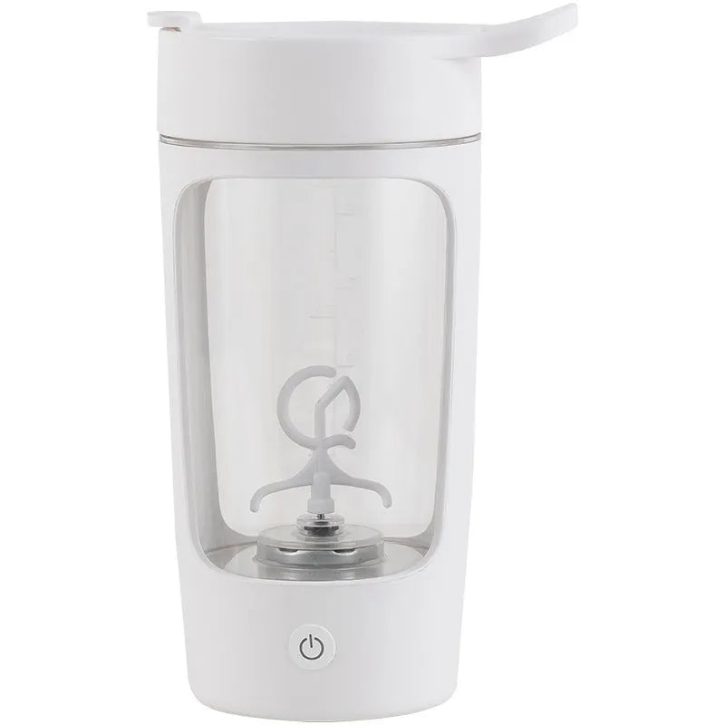 Portable rechargeable blender cup in blue, showing the 650ml capacity bottle and motorised lid.