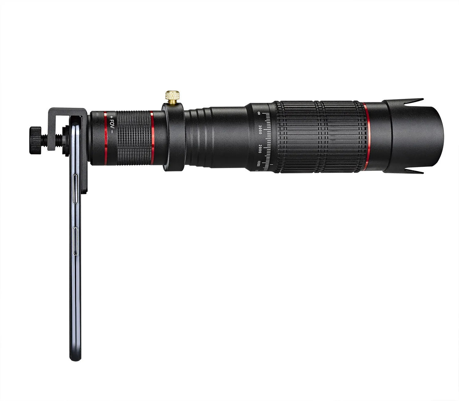 Black folding 36x telephoto monocular telescope for mobile phones with a rectangular protective carry case.