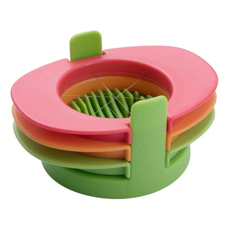 Manual three-in-one egg cutter in blue, orange and red with stainless steel blades and stackable design