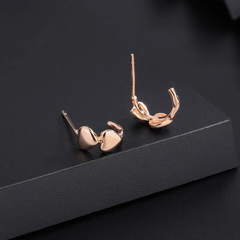 Love heart stud earrings in pure silver, Korean style, available in rose, white, and yellow colours