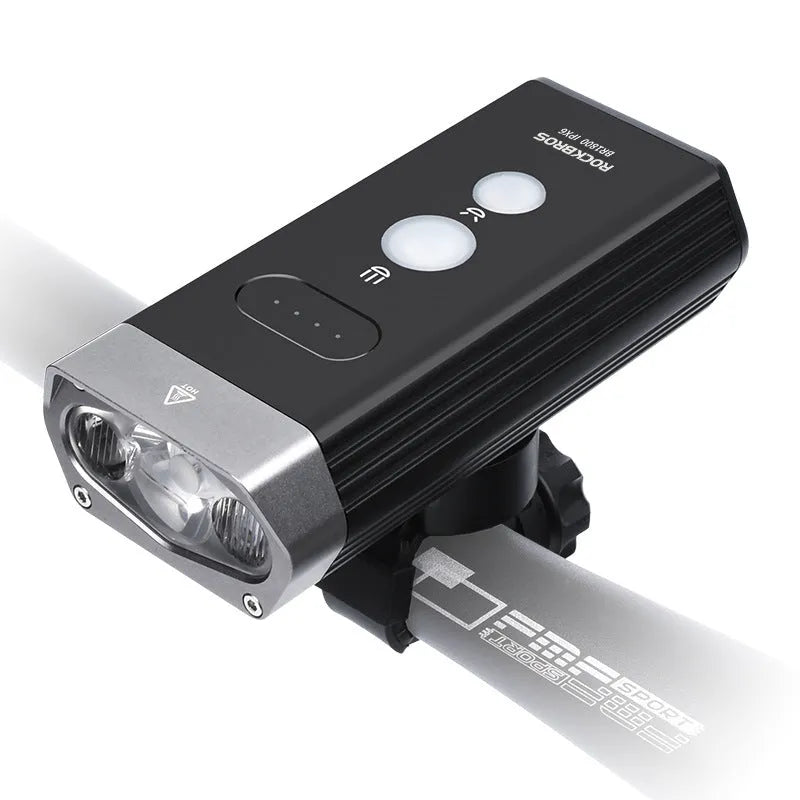 Waterproof bicycle headlight 1600 lumens CREE XML2 with power bank, black, mounted on handlebar