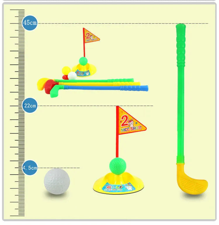 Children's golf set with three clubs, three golf balls, a hole, a flag, and two tees on grass