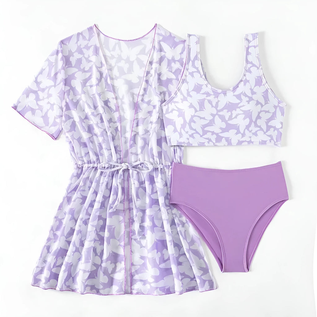 Girls' three-piece polyester swimsuit set in printed design for ages 8-12