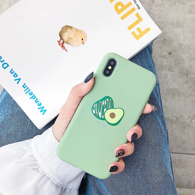Cartoon avocado design on a green TPU mobile phone case for iPhone and Android models.