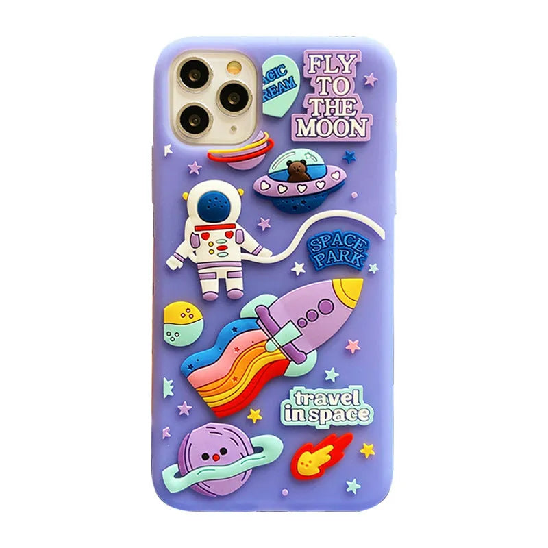 Purple silicone iPhone case featuring astronaut cartoon design for multiple model compatibility