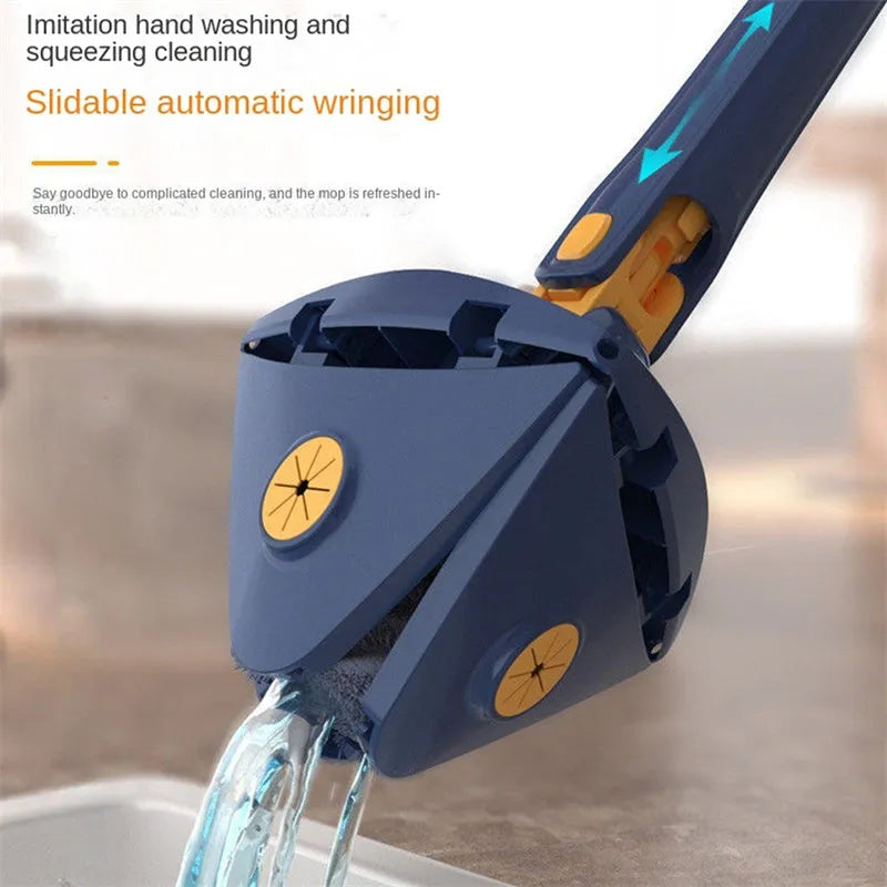 Blue extendable triangle cleaning mop with rotating head and stainless steel pole on a tiled floor.