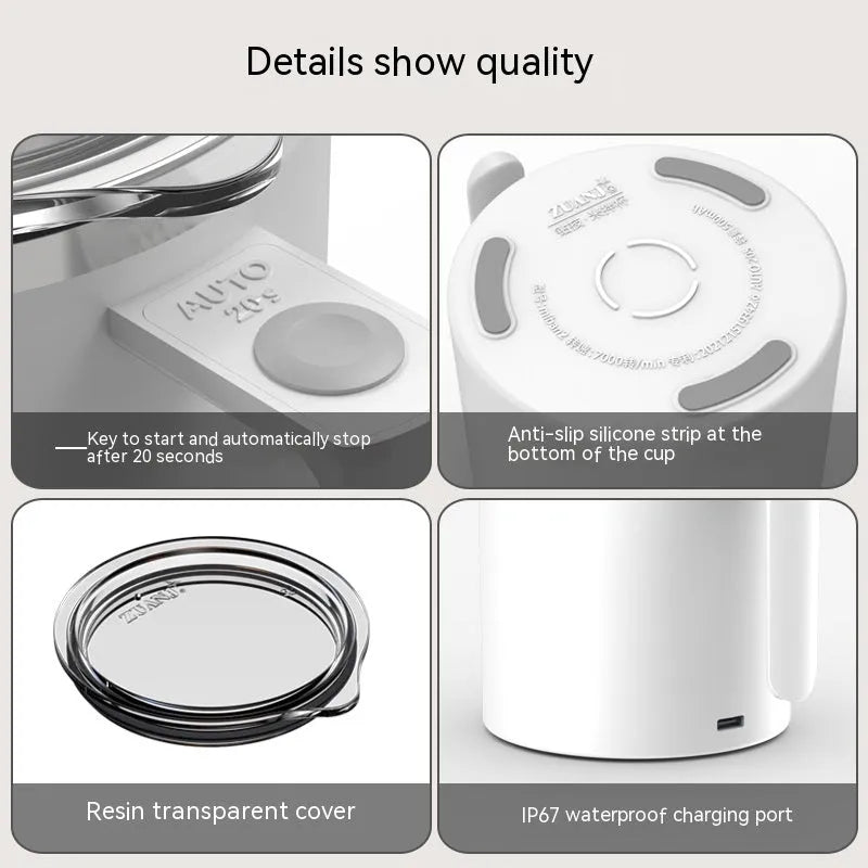 White automatic self-stirring coffee cup with magnetic base and power button.