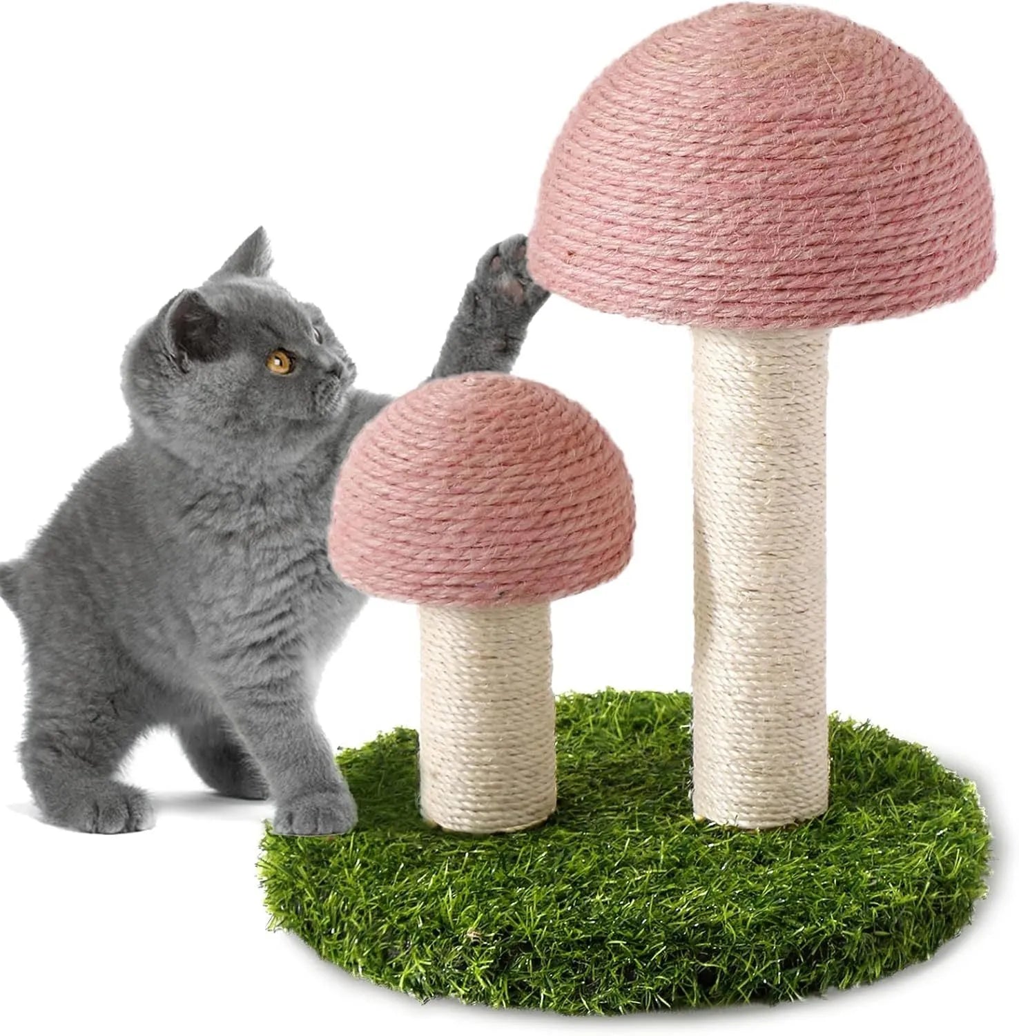 Pink mushroom-shaped cat scratching post with natural sisal caps and pole for small indoor cats