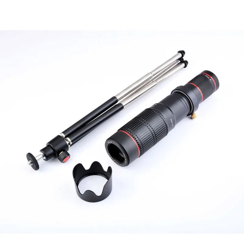 Black folding 36x telephoto monocular telescope for mobile phones with a rectangular protective carry case.