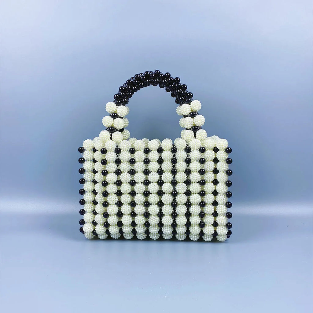 Hand-woven acrylic beaded square bag in vertical shape with seven colour options for daily matching