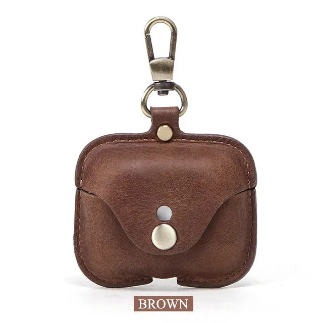 Brown leather clamshell case cover for Apple AirPods Pro with a vintage crazy horse pattern texture.