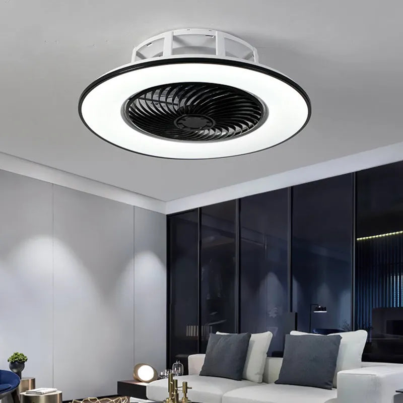Invisible ceiling fan light with retracted ABS blades and acrylic shade in white finish