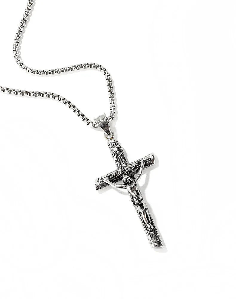 Christian cross pendant necklace on titanium steel pearl chain, bronze colour, unisex style