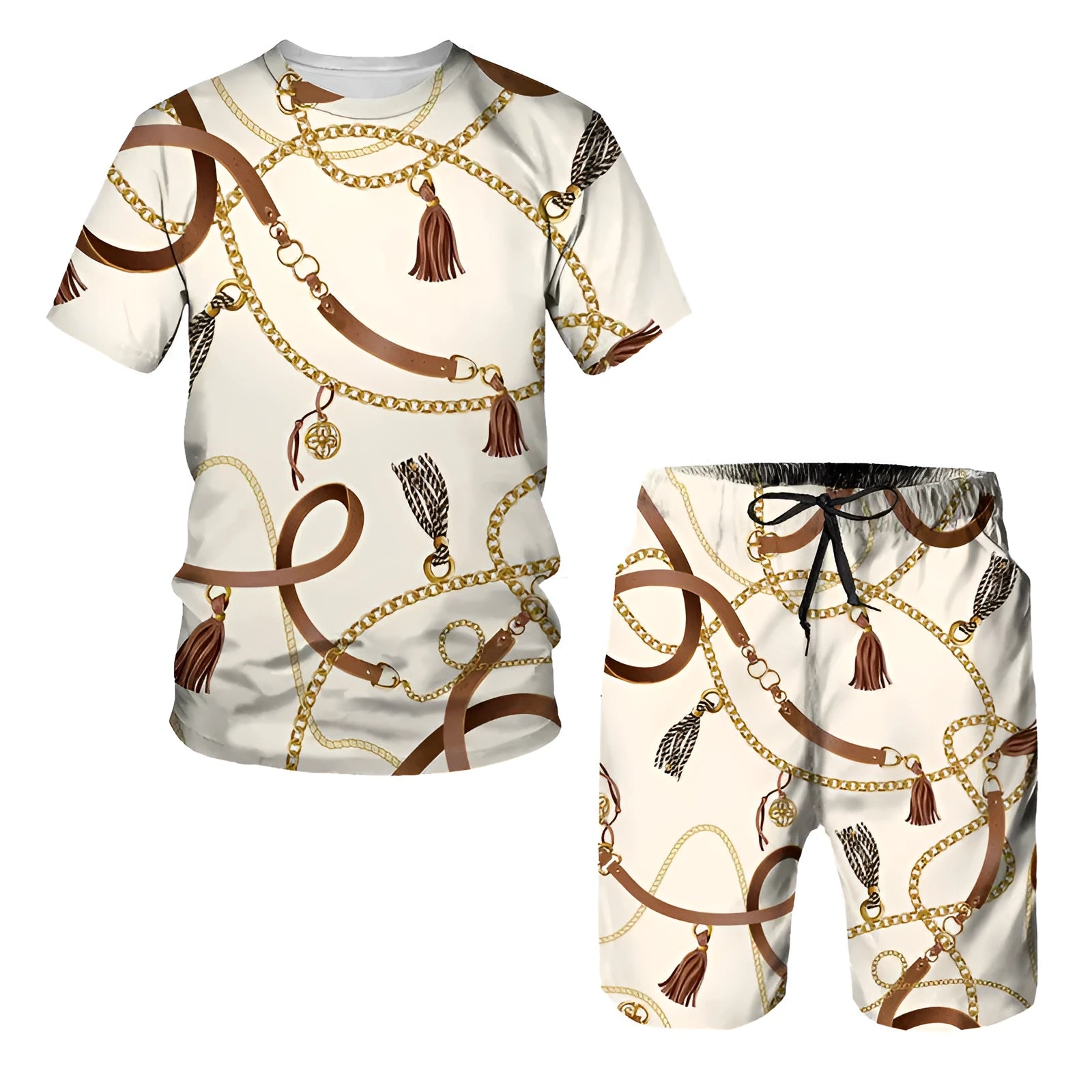 Chain pattern digital print short sleeve t-shirt and matching shorts set for summer.