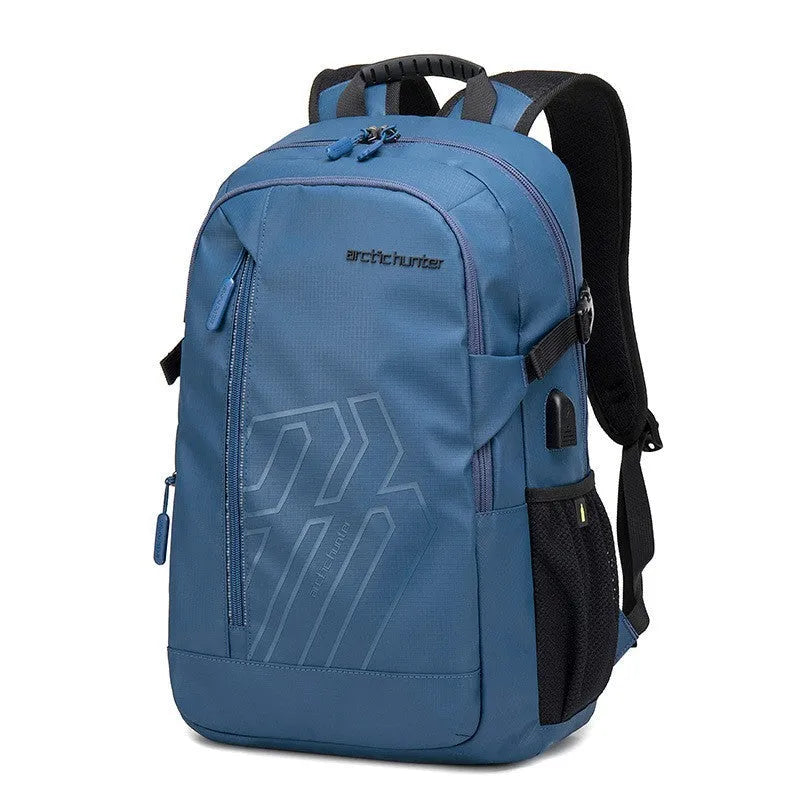 Casual plaid polyester computer backpack with curved shoulder strap, shown in blue colour