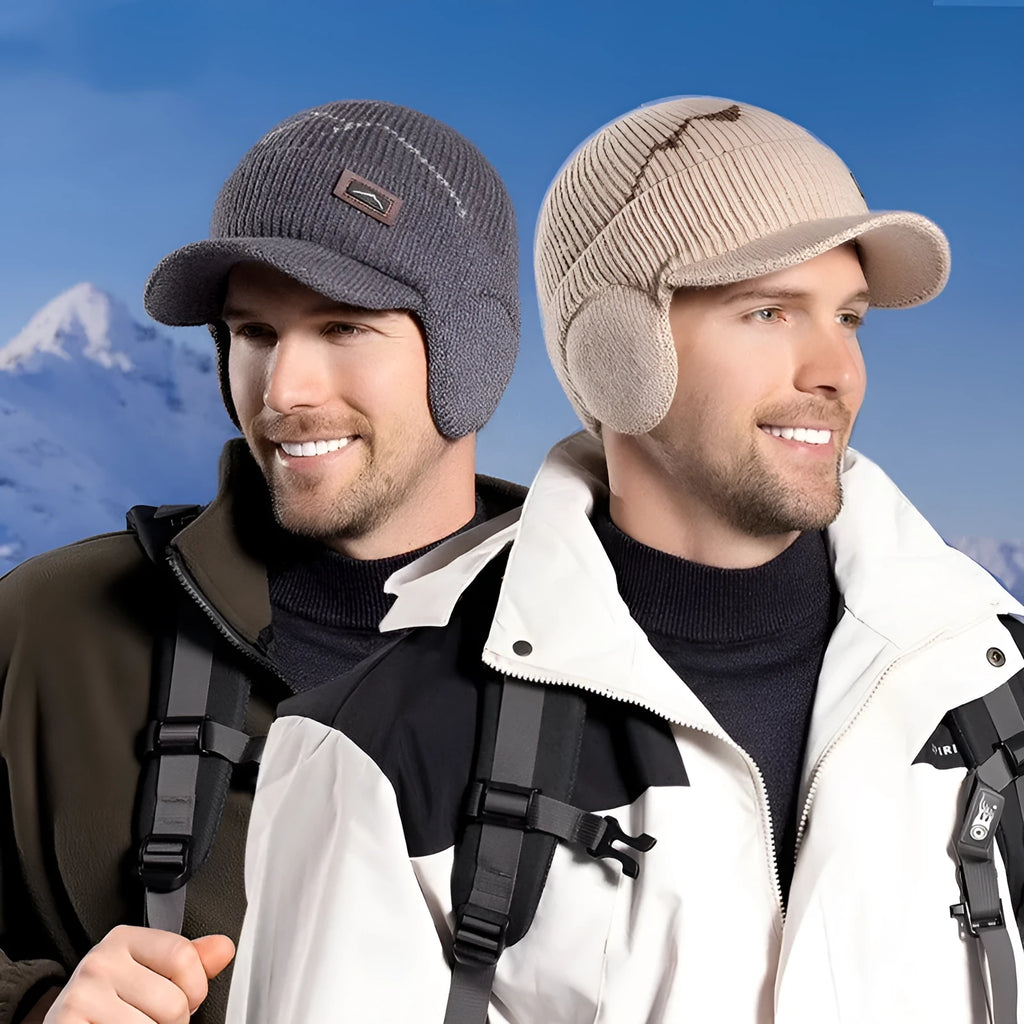 Winter outdoors cycling earflaps toque with velvet thickened peaked cap in beige side view