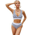 Women's leopard print bikini set with cross banded V-neck top and split briefs