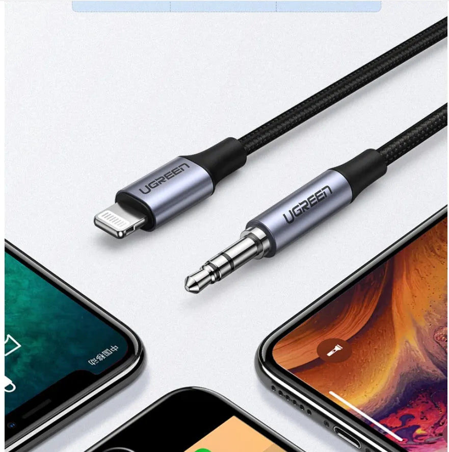 Black Apple Lightning to 3.5mm audio cable adapter with braided texture for car use