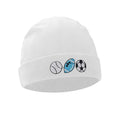 Set of white, light blue, and grey cotton baby pullover caps, gloves, and foot covers for infants.
