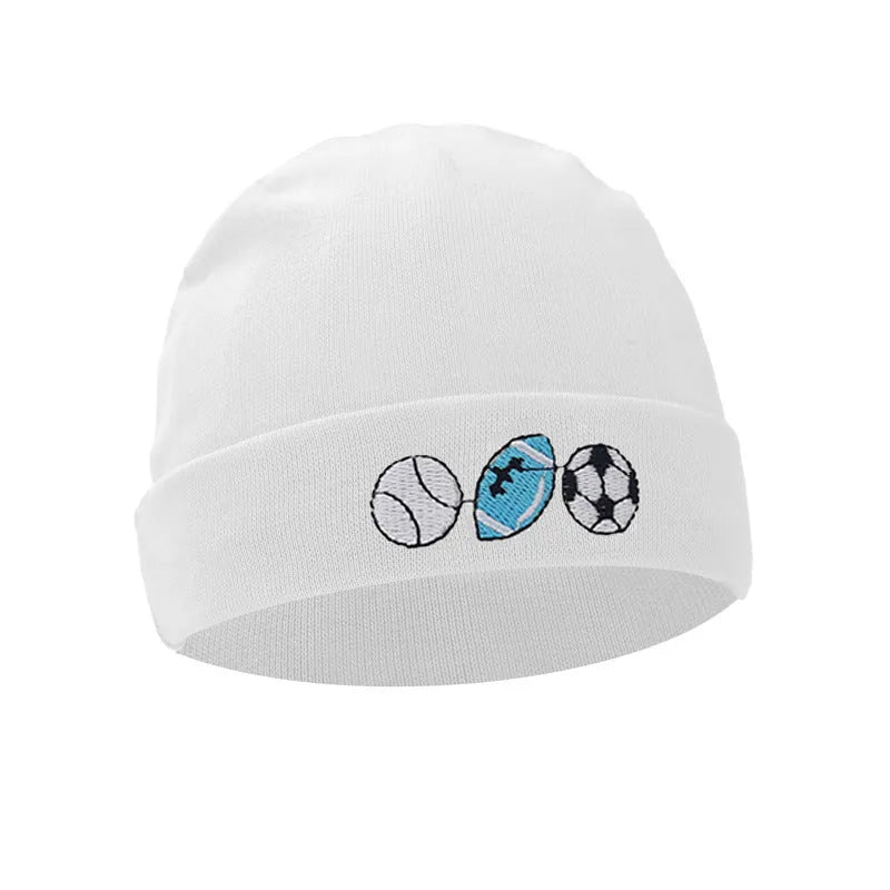 Set of white, light blue, and grey cotton baby pullover caps, gloves, and foot covers for infants.