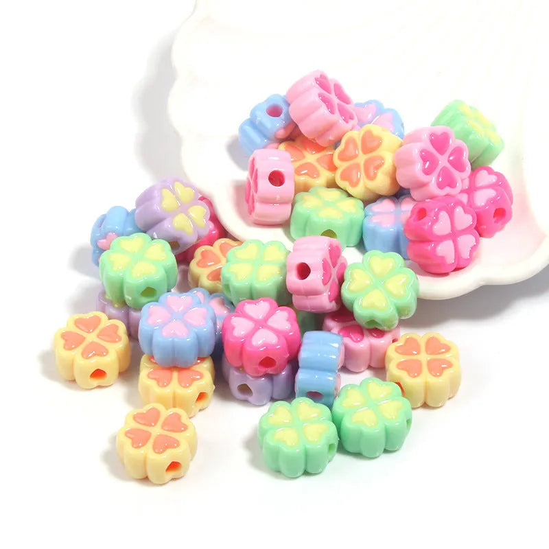 15mm frosted acrylic four-leaf clover love beads in mixed colours including pink, blue, and green