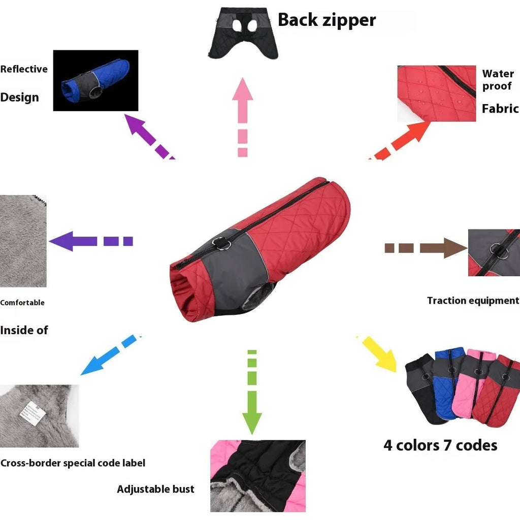 Waterproof polyester chest back dog coat in wine red for autumn and winter walks