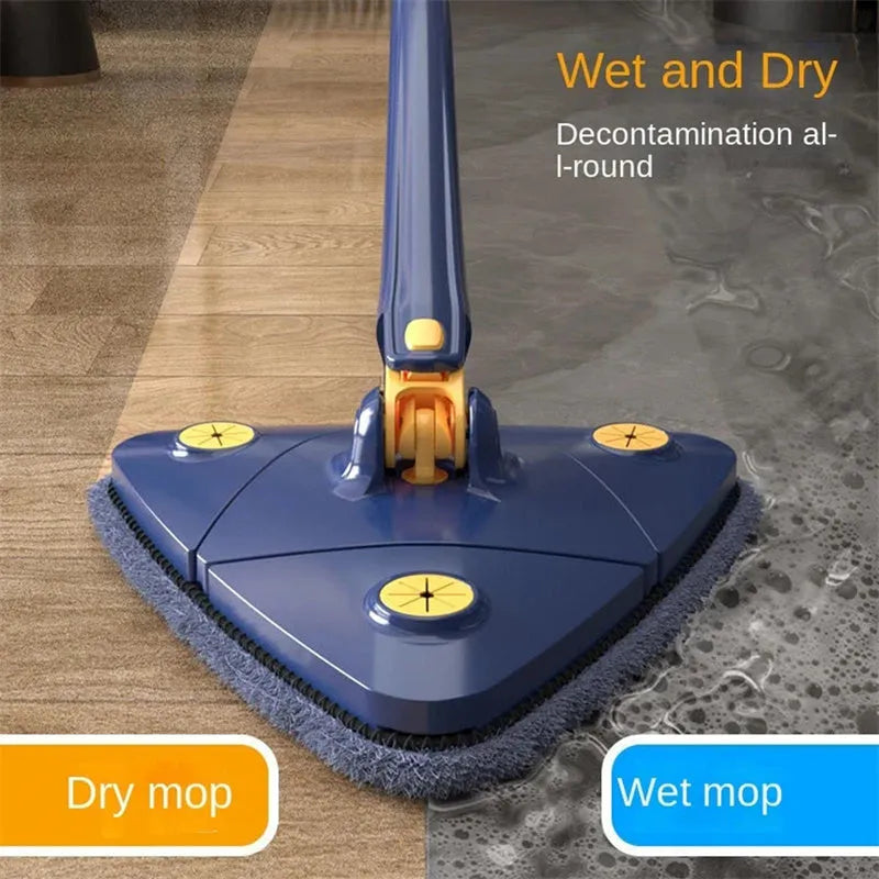 Blue extendable triangle cleaning mop with rotating head and stainless steel pole on a tiled floor.