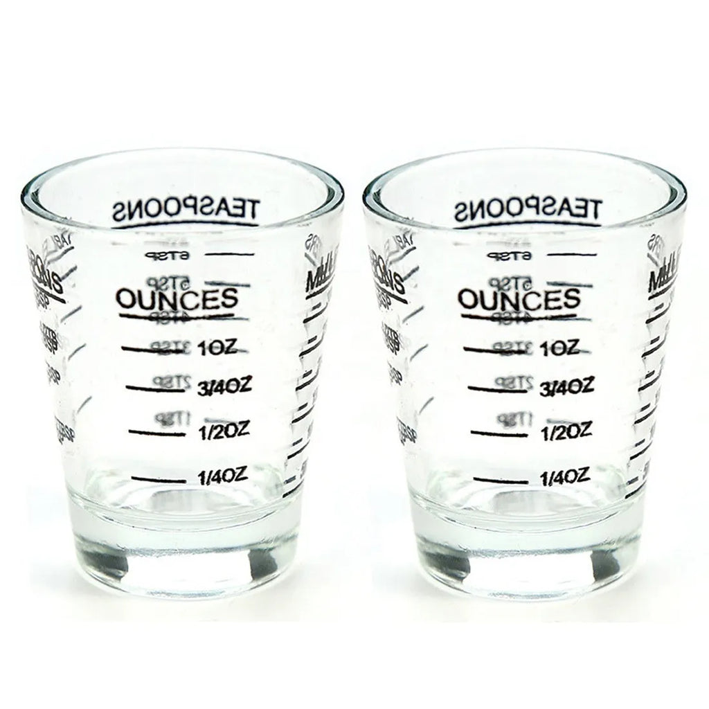 Mini retro glass measuring cup with scale showing 30ml capacity in solid colour