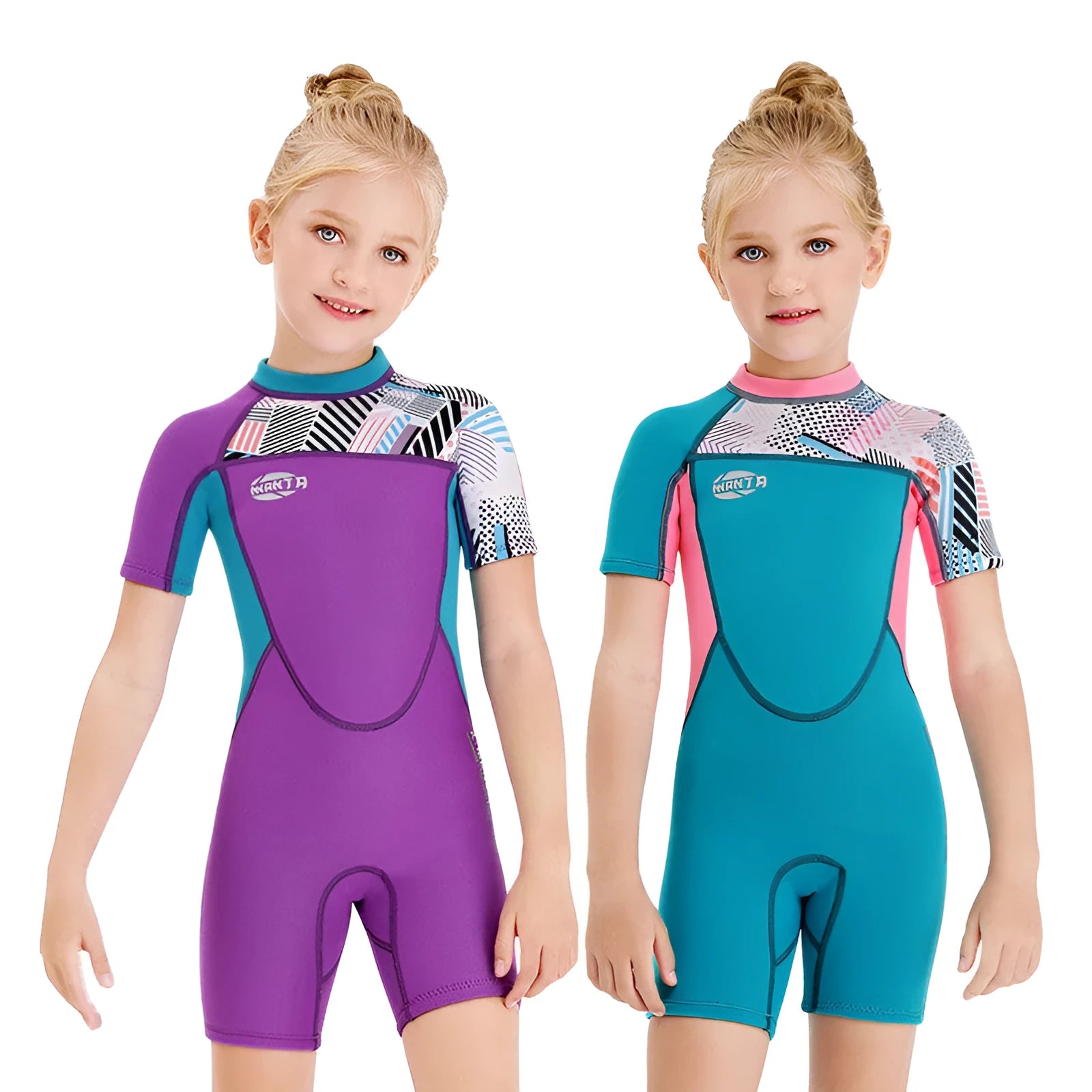 Children's purple neoprene short-sleeved swimwear for snorkelling and surfing with warmth retention