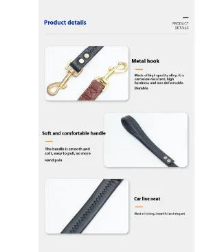 Black PU leather dog traction belt showing length measurement options for secure canine control