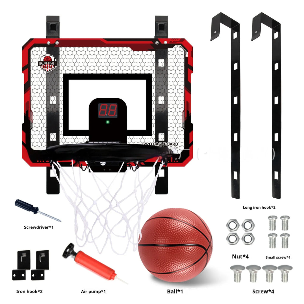 Red and blue folding basketball frame with suction cups, shown as dunk scorer and ball rack.