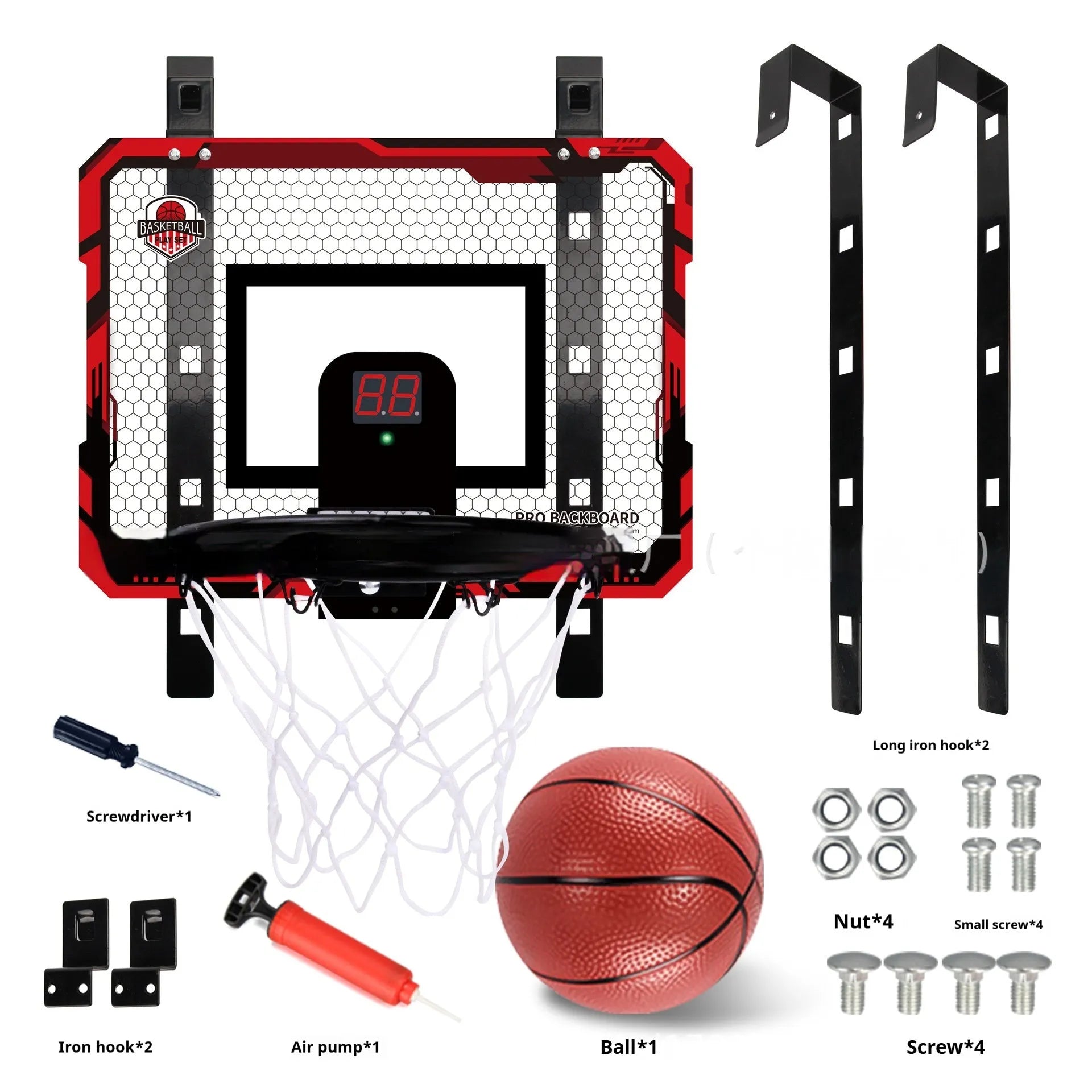 Red and blue folding basketball frame with suction cups, shown as dunk scorer and ball rack.
