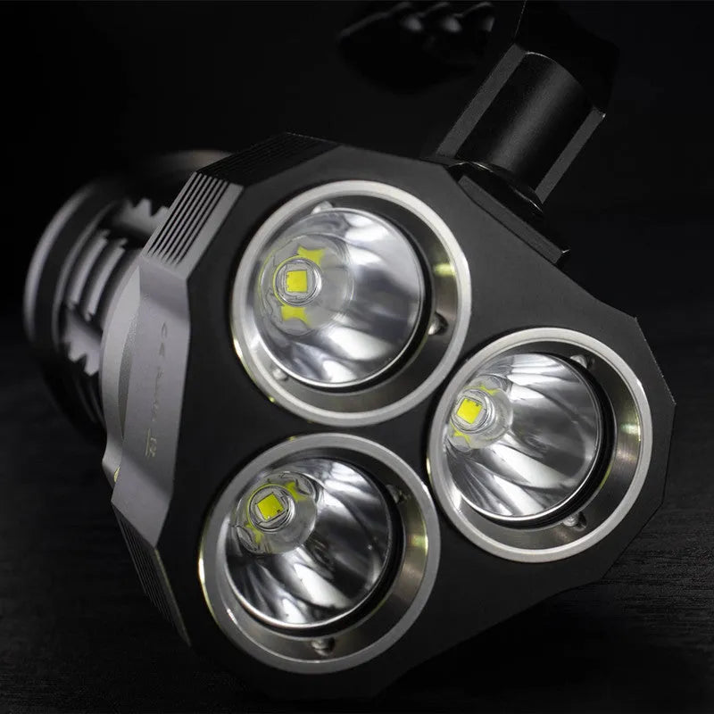 Aluminium alloy super bright diving flashlight with waterproof housing on dark background