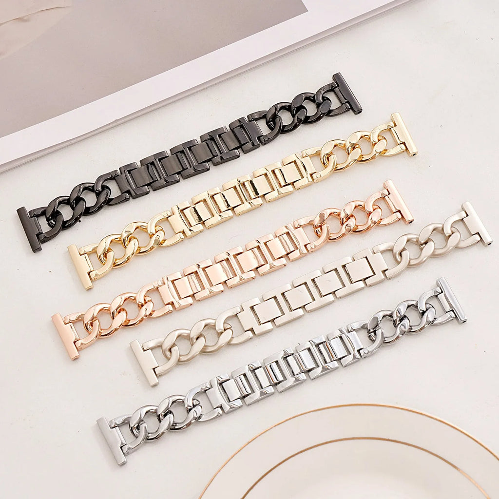 Metal denim chain watch strap for Apple Watch in multiple colours on a grey background.