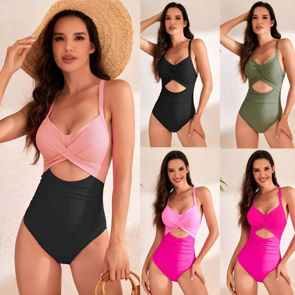 Solid colour high-waist one-piece swimsuit for women in multiple colour options