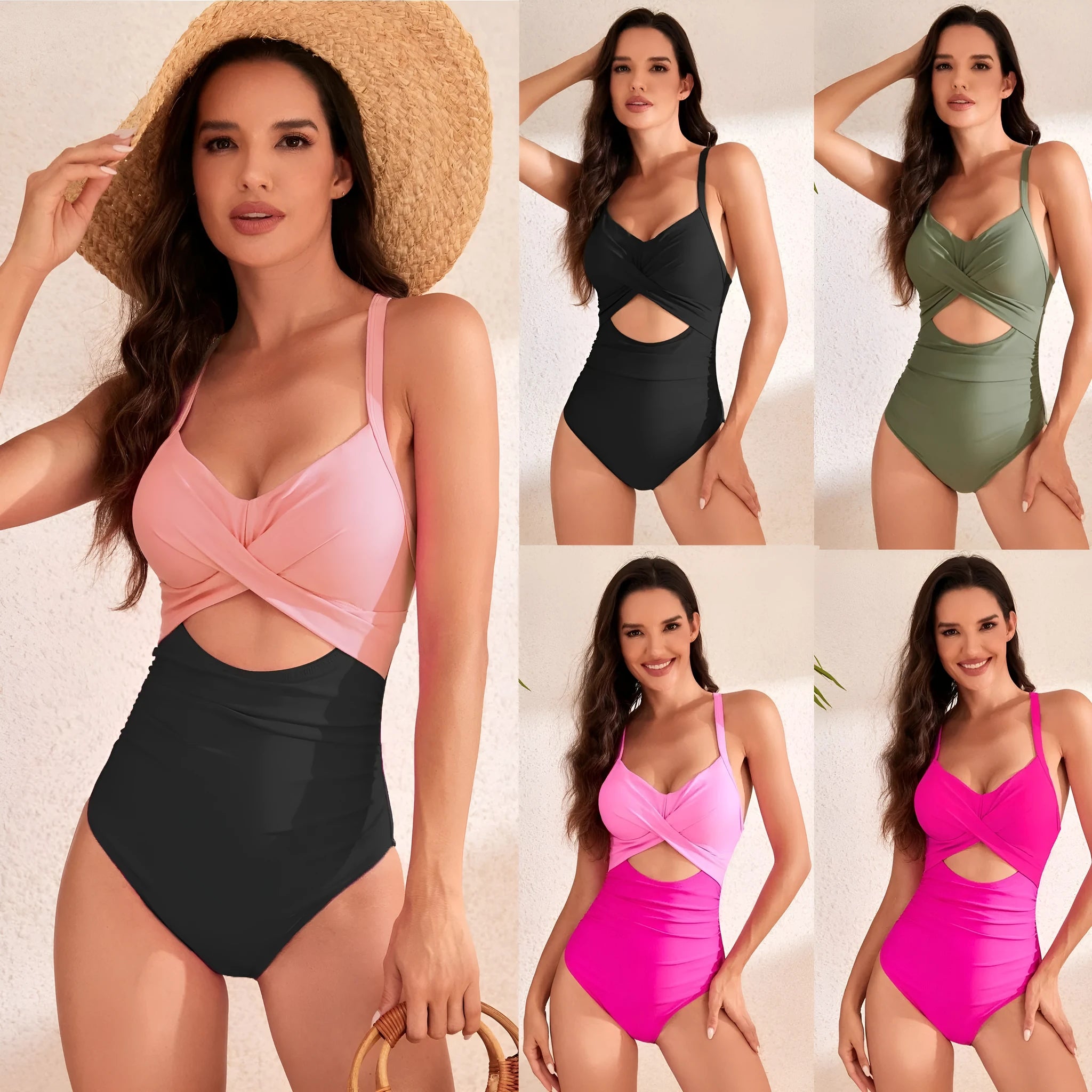 Solid colour high-waist one-piece swimsuit for women in multiple colour options