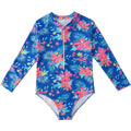 Girl's long sleeve one-piece swimming costume in a bright colour on a hanger