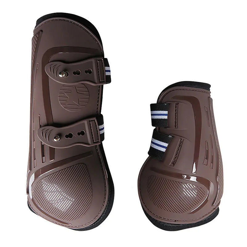 No 9 colour barrier horse leg guards showing PU hard shell and neoprene with air holes, in blue colour.