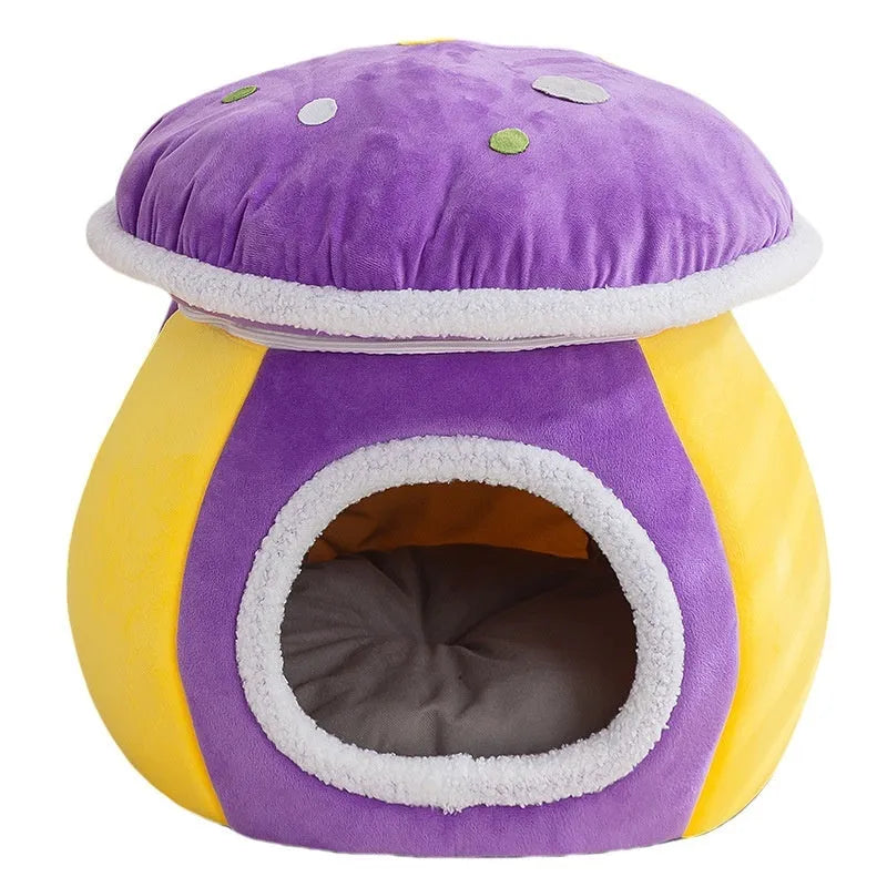 Grey mushroom-shaped enclosed cat bed with plush interior and a detached matching blanket on a wooden floor.